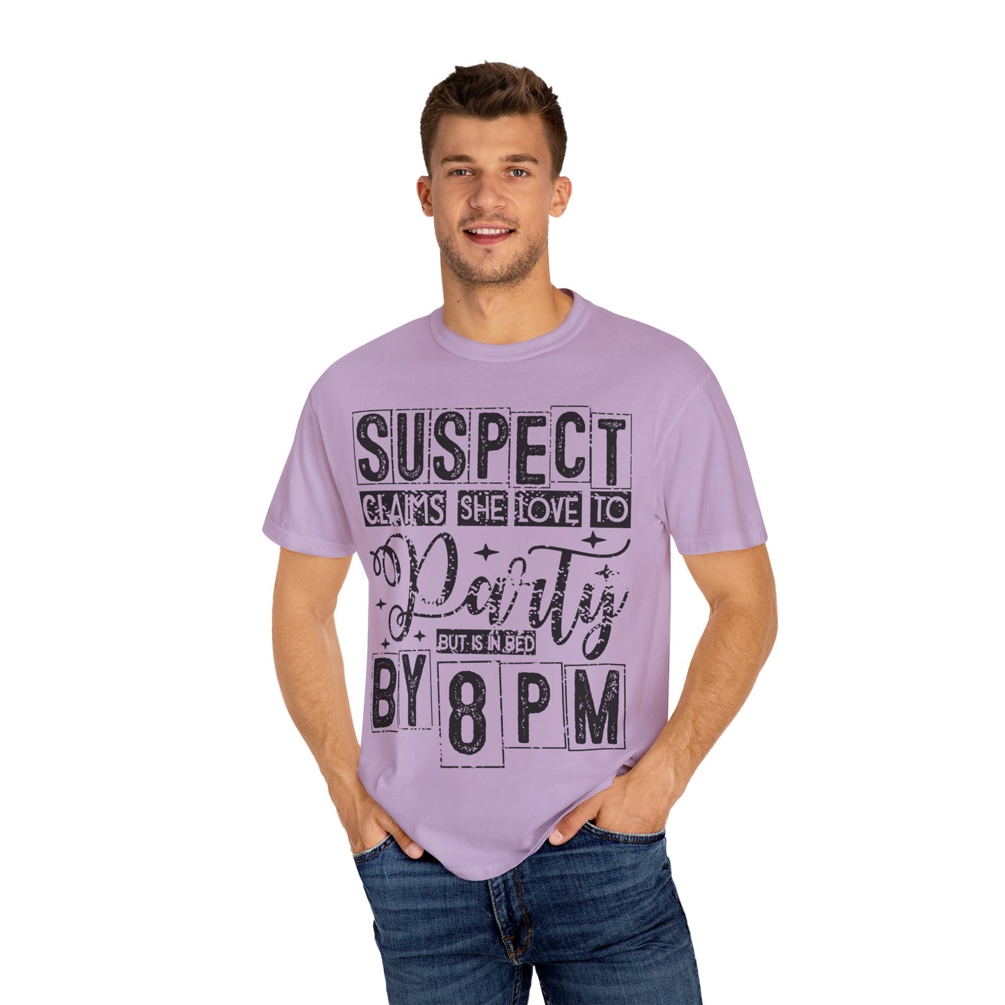 Funny Unisex T-Shirt - 'Suspect Claims She Loved to Party But Is in Bed by 8 PM'