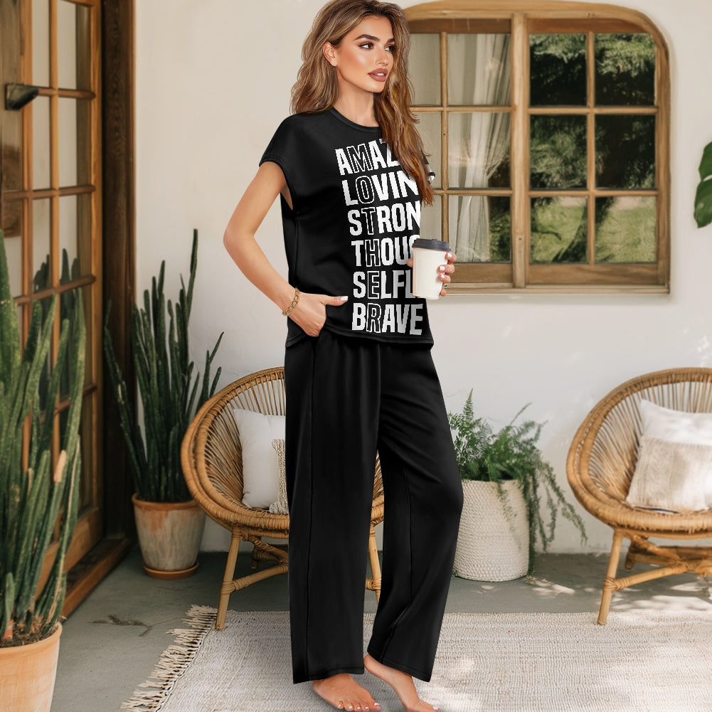 Short-sleeved casual wide-leg pants suit